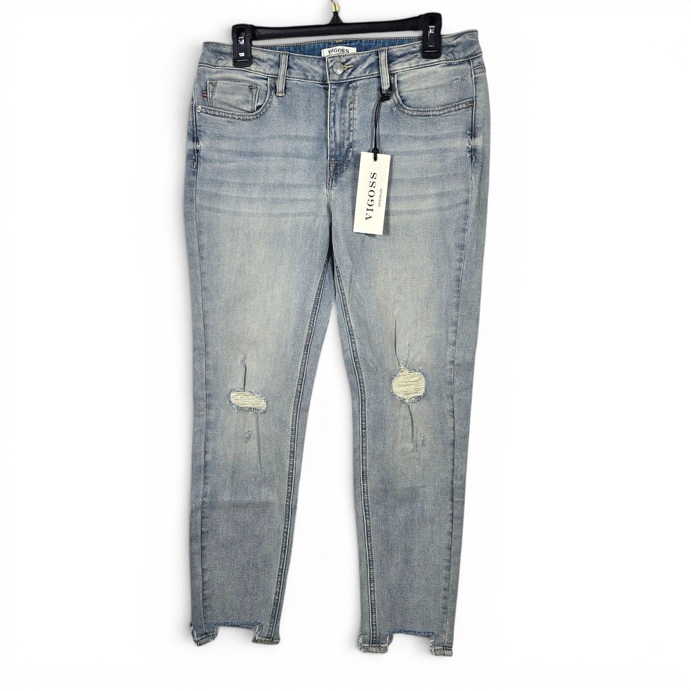 Vigoss Marley Mid Rise Skinny Jeans Light Wash Distressed Raw Hem Size 30 NWT